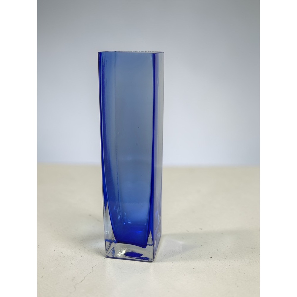 Cobalt Blue Art Glass Bud Vase‎ Square Column Mid Century Modern